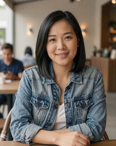 Stephanie, a 34-year-old Asian American woman in denim at a Galleria cafe, looking for trucker dating in Houston
