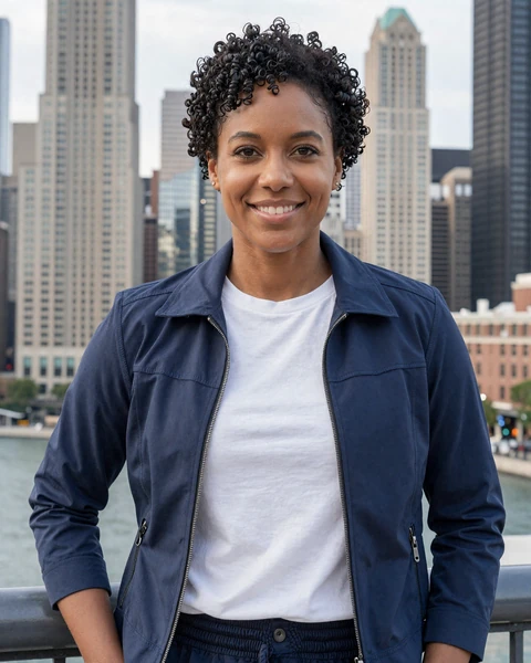 Lauren, a 33-year-old woman in a jacket at a Chicago overlook, interested in trucker dating in Illinois