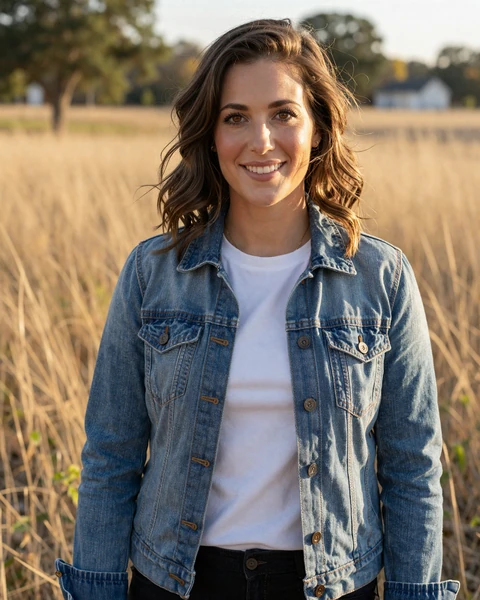 Kaitlyn, a 32-year-old brunette in a denim jacket at a rural Nebraska park, interested in dating truckers in Nebraska