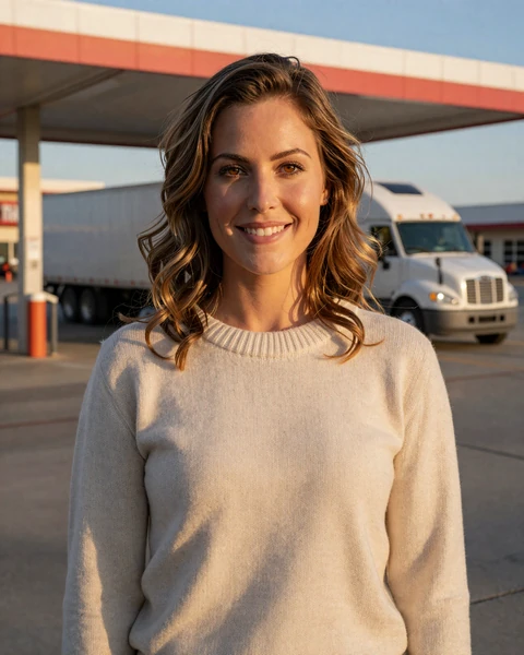 Megan, a 29-year-old woman in a sweater at a Dallas rest stop, looking for trucker dating in Texas