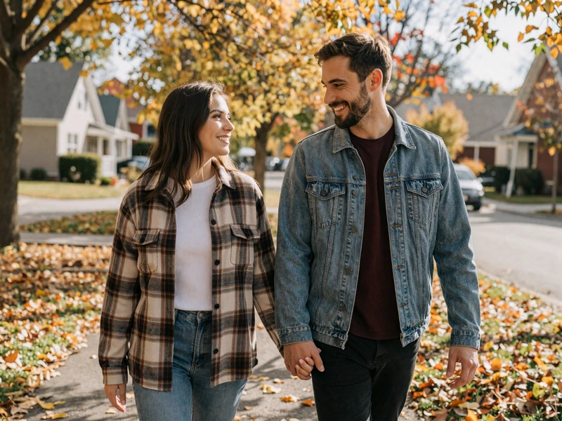 A couple holding hands walking through an autumn park, representing quality time during a truck driver's home visit