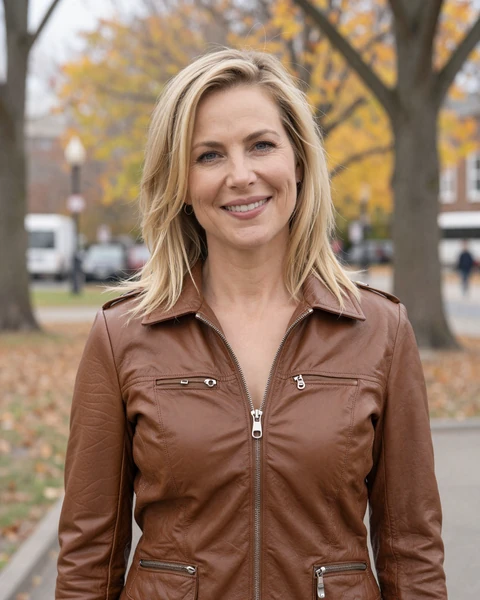 Hannah, a 40-year-old blonde woman in a leather jacket near a Queens park, seeking a trucker dating relationship in New York