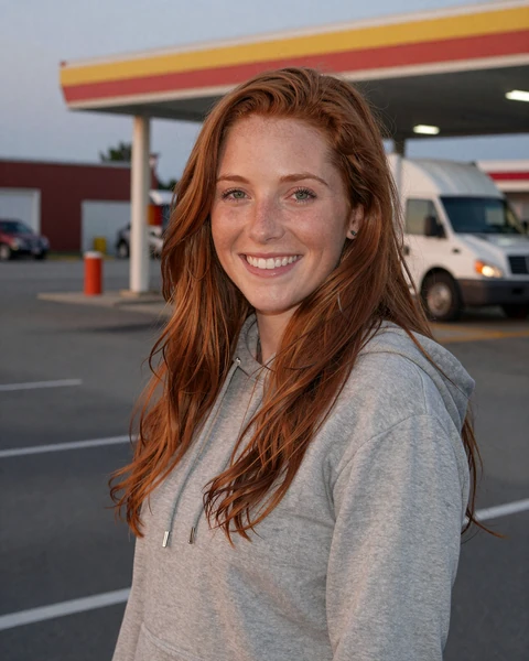Megan, a 33-year-old redhead in a gray hoodie at an Allentown truck stop, seeking trucker dating in Pennsylvania