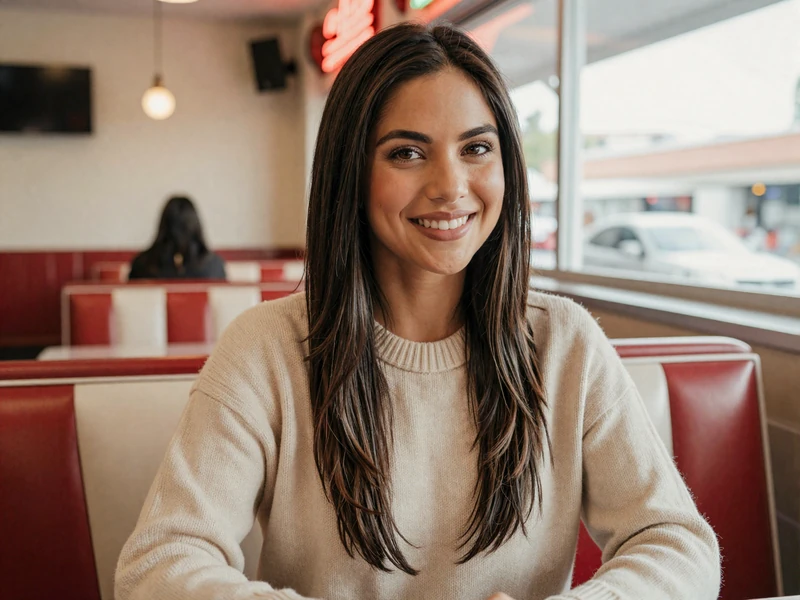 A woman in a sweater smiling at a roadside diner, representing matches on the best trucker dating apps