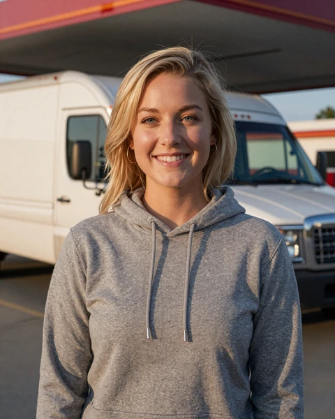 Hannah, a 26-year-old blonde woman in a gray hoodie at a Springfield truck stop, interested in dating truckers in Illinois