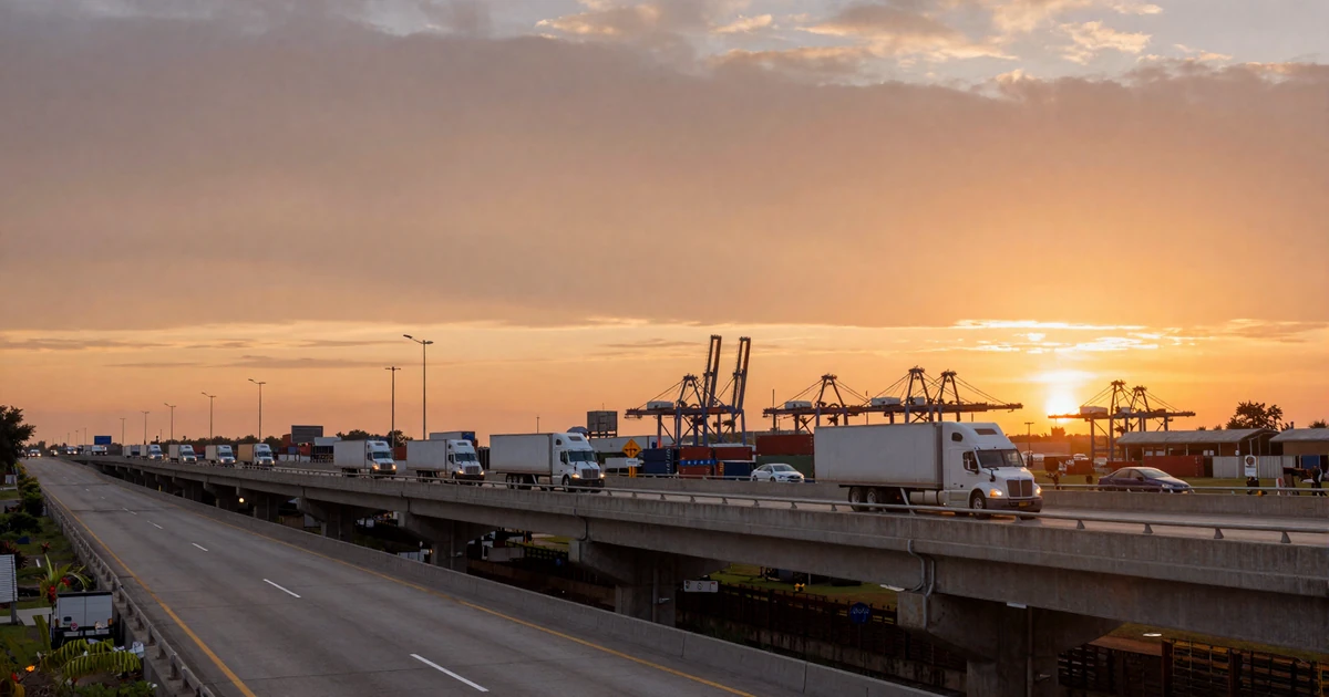 Houston port area highway at sunset with semi trucks for trucker dating Houston