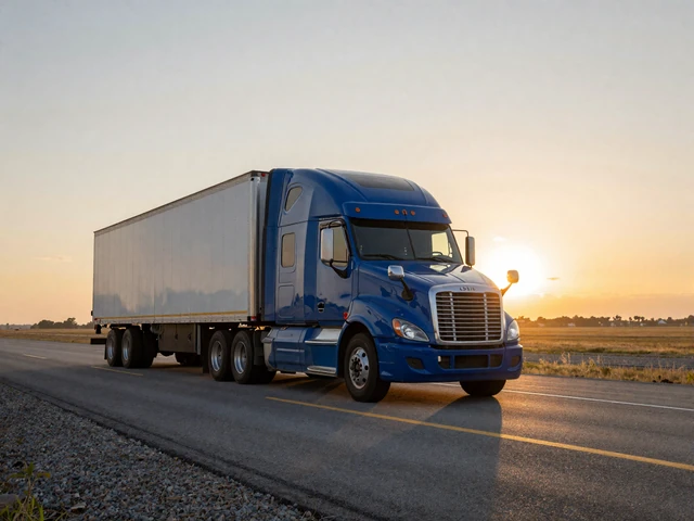 Modern semi-truck driving on Interstate 80 at sunrise, representing the trucker dating lifestyle for CDL drivers