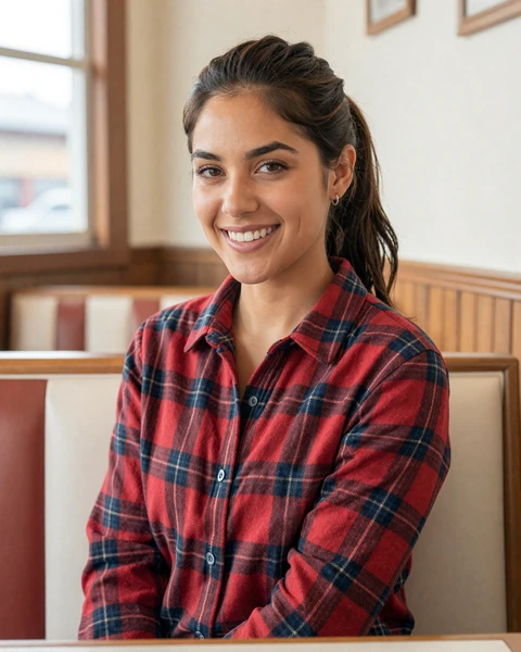 Gabriela, a 27-year-old Latina woman in a flannel shirt at an Augusta diner, seeking trucker dating in Georgia
