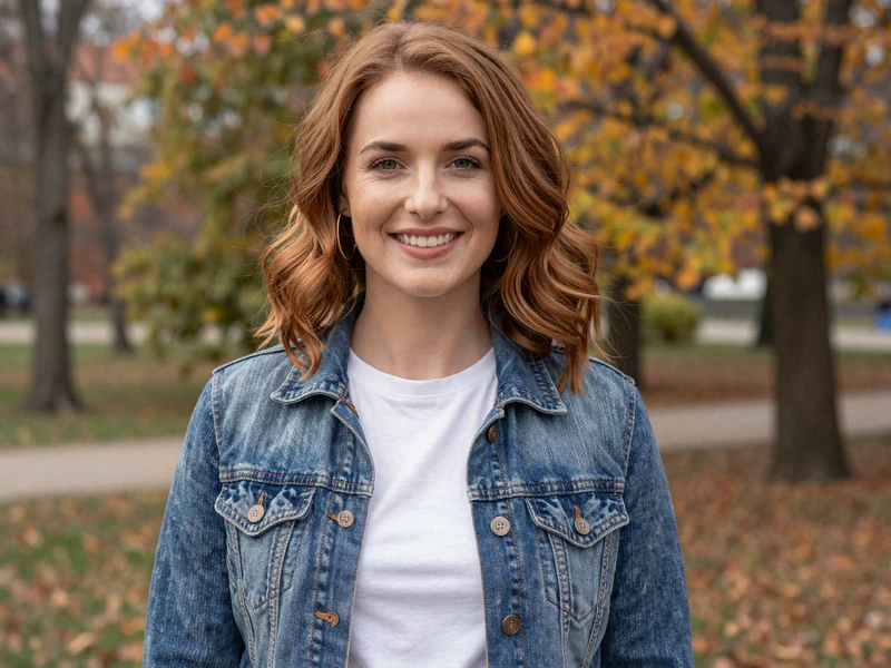 A woman in a denim jacket smiling warmly in a park, representing women who use trucker dating apps