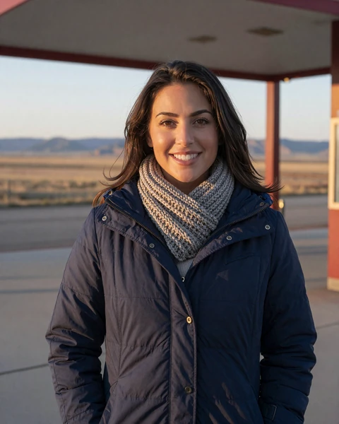 Savannah, a 29-year-old brunette in a winter coat at a Cheyenne rest stop, looking for trucker dating in Wyoming
