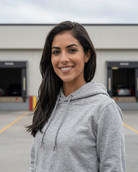 Brianna, a 30-year-old mixed heritage woman in a hoodie at an Atlanta warehouse, looking for trucker dating in Atlanta