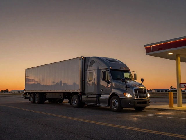 Semi-truck parked at a rest area under a starry sky, representing the trucker dating lifestyle on American highways