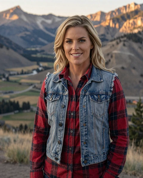 Megan, a 34-year-old blonde woman in a flannel shirt at a Wyoming mountain overlook, interested in dating truckers