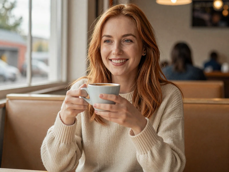 A woman in a warm sweater smiling while holding a coffee cup in a diner booth, representing the partner's experience in trucker dating