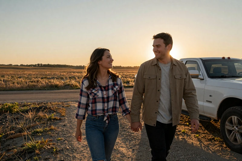 Happy couple holding hands walking toward a pickup truck at sunset in rural Nebraska, representing trucker dating success