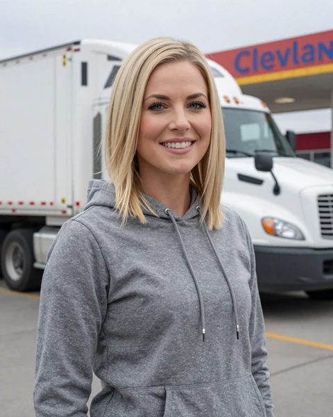 Brittany, a 33-year-old blonde woman in a hoodie at a Cleveland truck stop, interested in dating truckers in Ohio