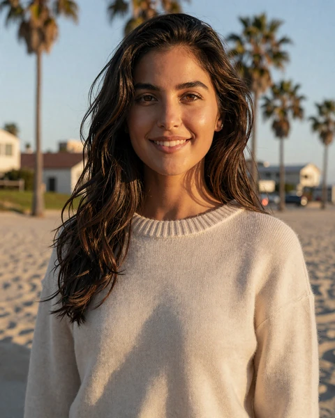 Sofia, a 29-year-old Latina woman in a cream sweater near an LA beach, looking for trucker dating in California