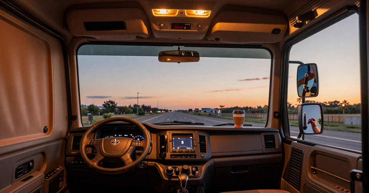 Interior of a modern semi truck cab at dusk with warm dashboard lighting, representing maintaining relationships during long hauls