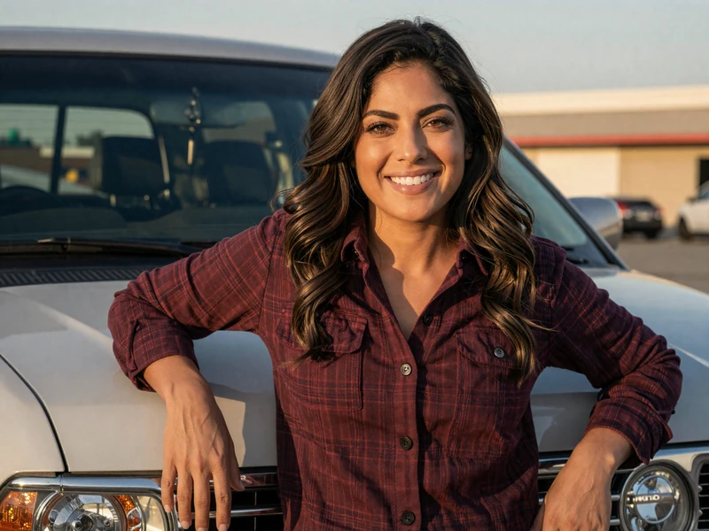 A woman in a flannel shirt smiling by a pickup truck at a rest area, representing adaptation to the trucker dating lifestyle