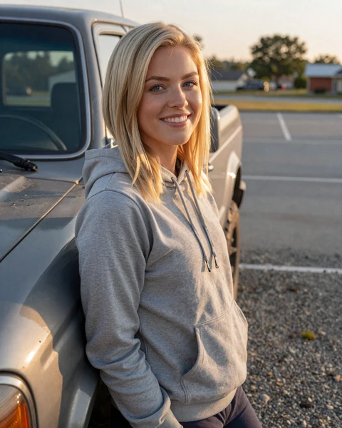 Amanda, a 28-year-old blonde in a hoodie by a pickup truck, interested in trucker dating and outdoor adventures