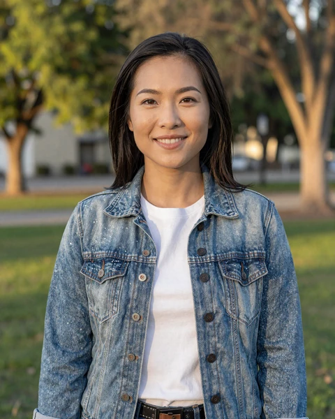 Jasmine, a 34-year-old Asian American woman in a denim jacket at a Sacramento park, looking for California trucker dating