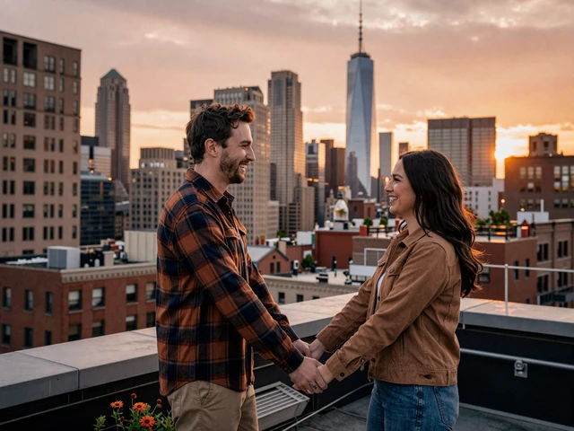 Couple holding hands at a New York rooftop at sunset, representing trucker dating success in the Northeast