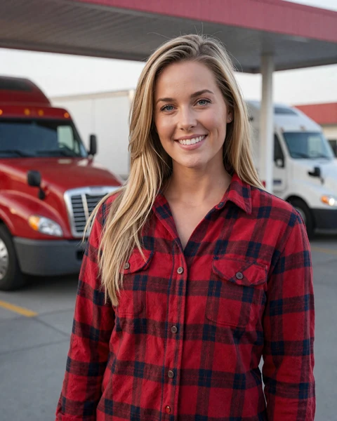 Megan, a 28-year-old blonde in a red flannel at a Lincoln truck stop, looking for trucker dating in Nebraska