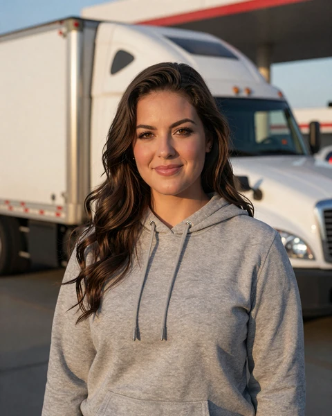 Brittany, a 33-year-old brunette woman in a hoodie at a Savannah truck stop, interested in dating truckers in Georgia