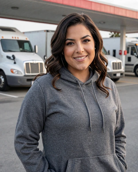 Gabriela, a 32-year-old Latina woman in a hoodie at an Orlando truck stop, interested in dating truckers in Central Florida