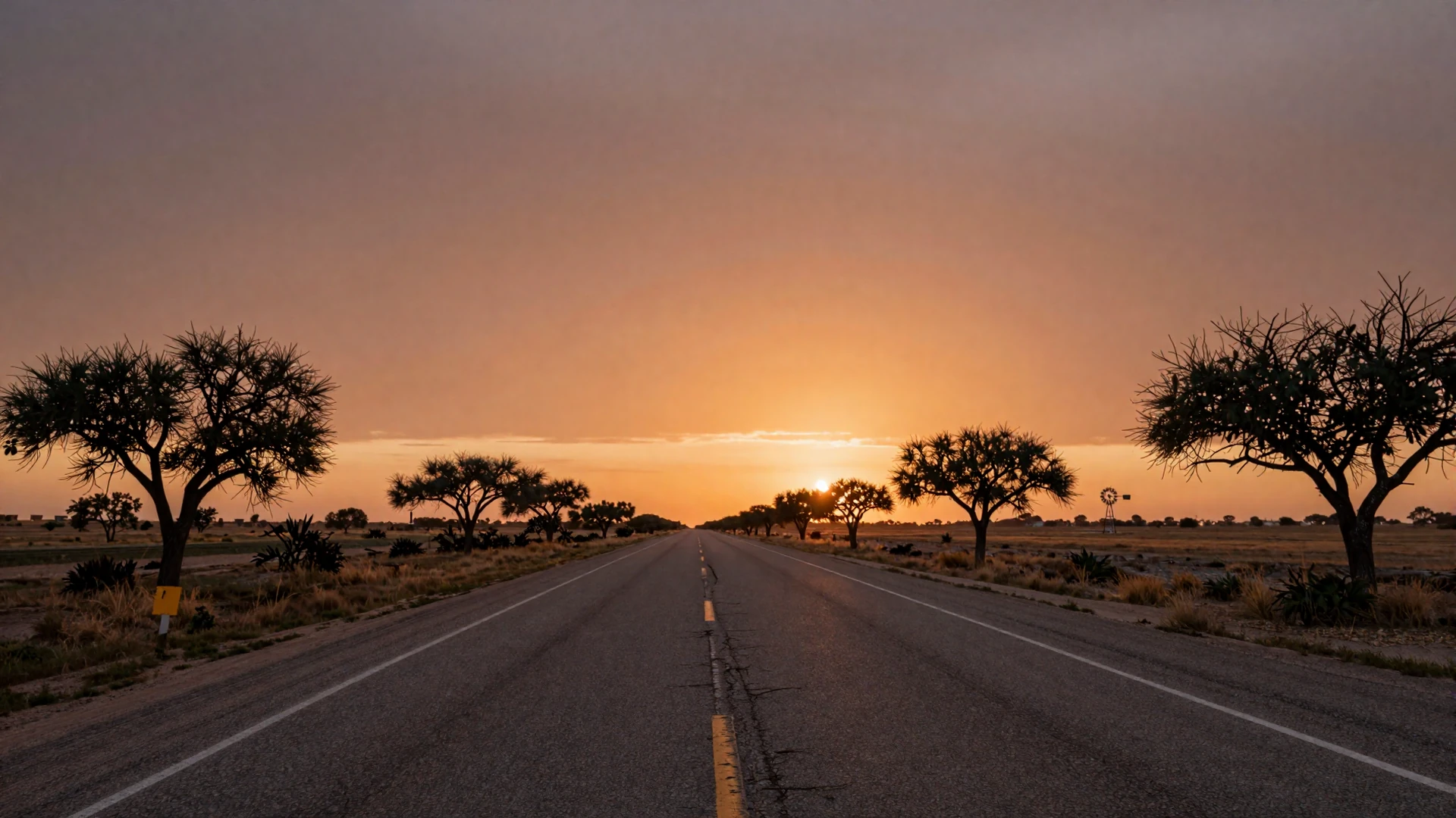 Open Texas highway at sunset with warm orange sky for trucker dating in Texas