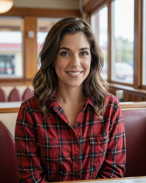 Kayla, a 29-year-old brunette in a flannel shirt at a Columbus Ohio diner, looking for trucker dating in Ohio
