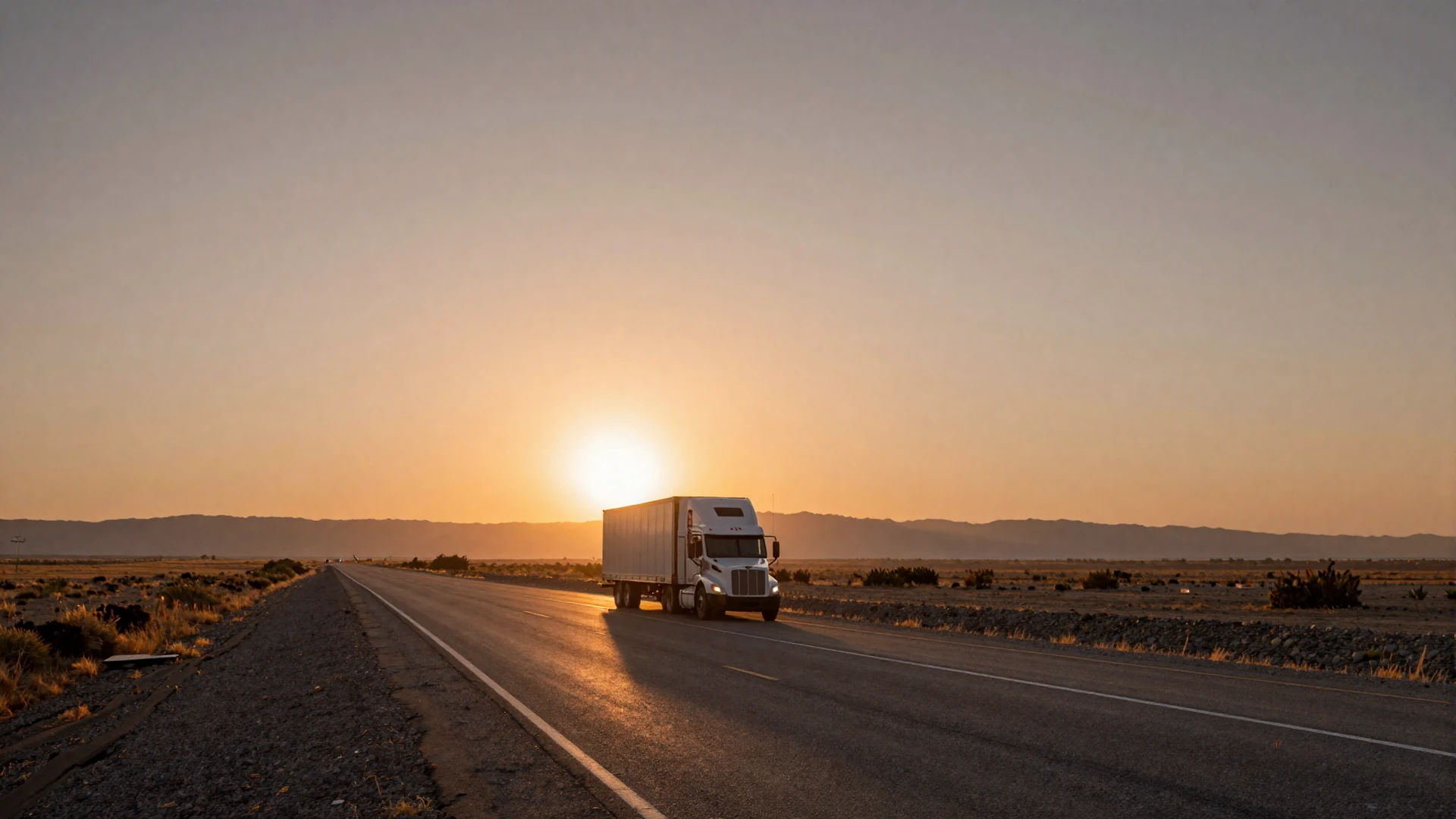 Golden sunset over an open American highway with a semi-truck on the horizon for trucker dating