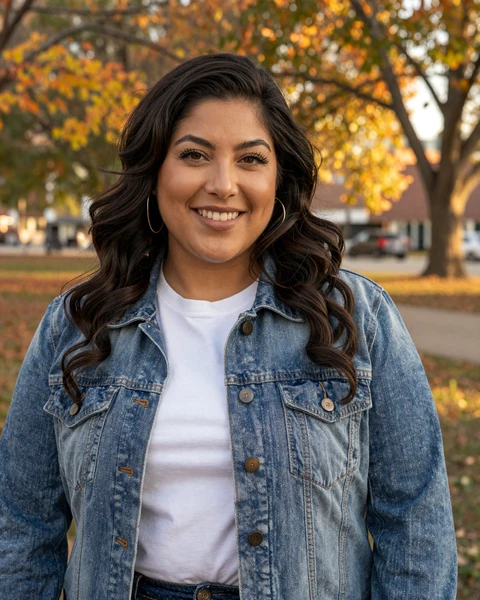 Destiny, a 32-year-old Latina woman in a denim jacket at a Fort Smith park, seeking trucker dating in Arkansas