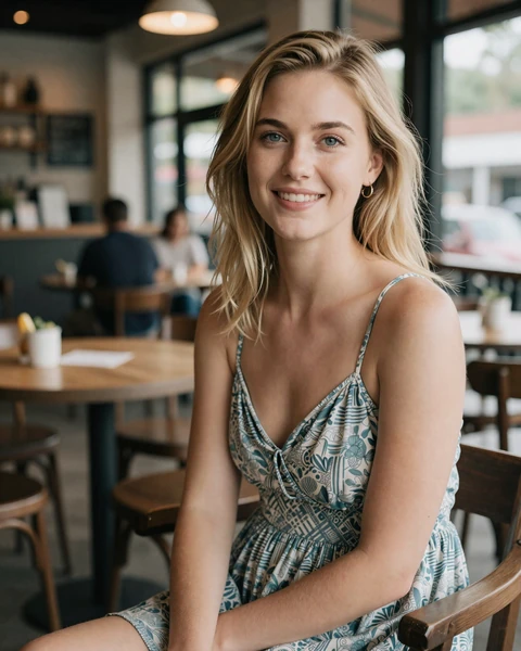 Brittany, a 31-year-old blonde woman in a casual dress at a Deep Ellum cafe, seeking trucker dating in Dallas