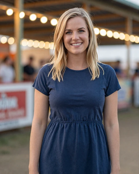 Megan, a 30-year-old blonde woman in a casual dress at an Iowa state fair, interested in dating truckers in Iowa