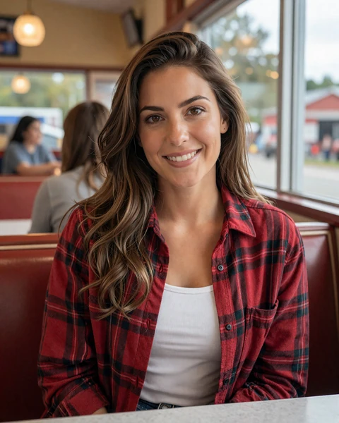 Jessica, a 30-year-old brunette in a flannel shirt at a roadside diner, looking for trucker dating in Texas