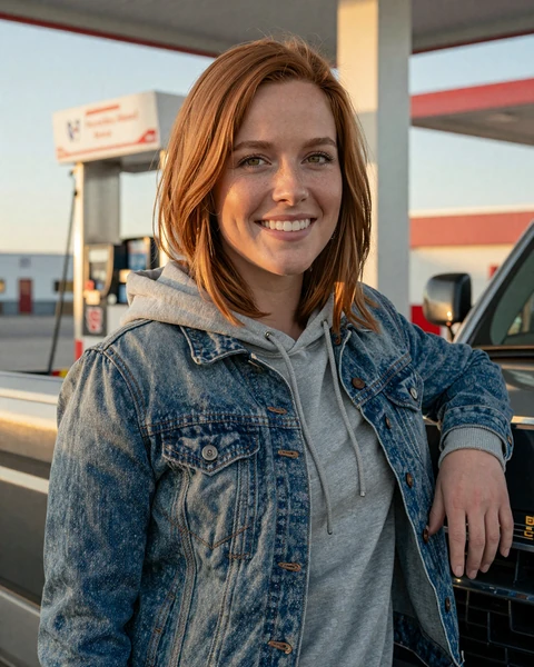 Brooke, a 27-year-old auburn-haired woman in a hoodie at a Wyoming gas station, looking for trucker dating