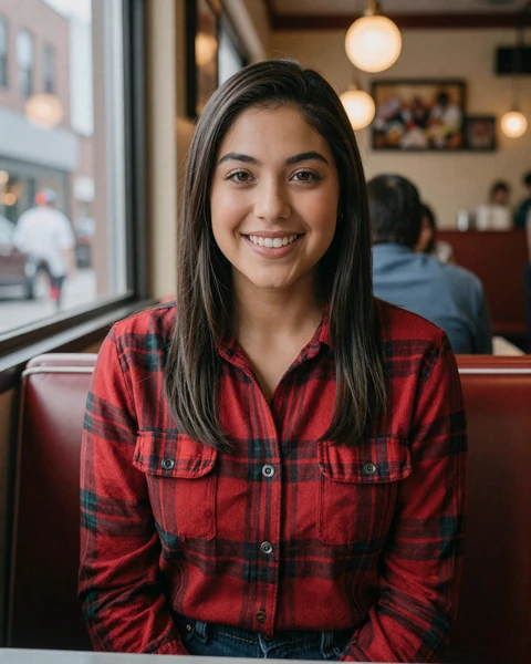 Danielle, a 27-year-old woman in flannel at a New York diner, seeking trucker dating in New York