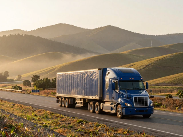 Semi-truck driving through Arkansas hills on I-40 at sunrise, representing the trucker lifestyle along Arkansas freight corridors