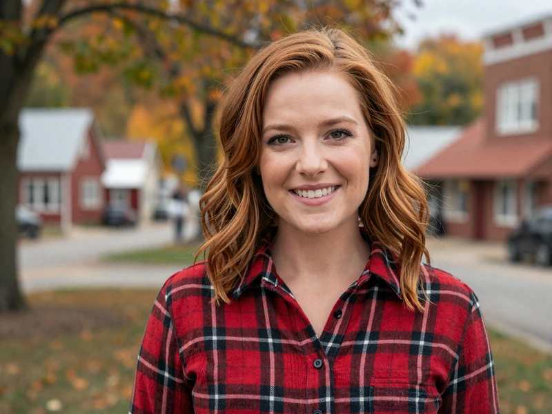 A woman in a flannel shirt smiling warmly at a park, representing the partner's perspective in a long-distance trucker relationship
