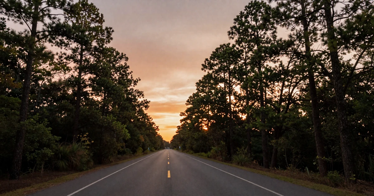 Georgia highway at sunset with southern pines, representing trucker dating Georgia on the I-75 and I-85 corridors