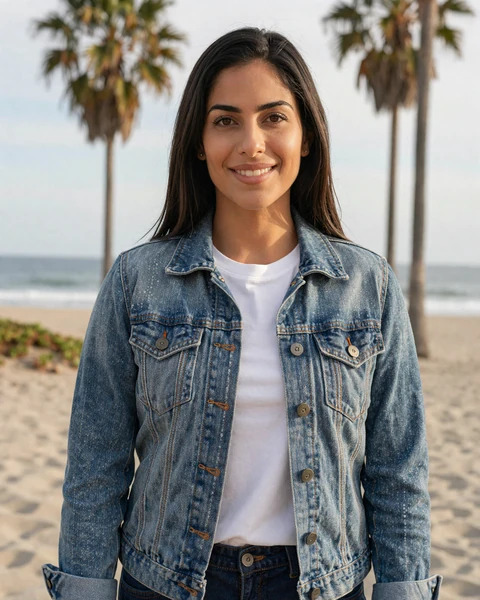 Lauren, a 33-year-old woman in a denim jacket at a California beach, interested in trucker dating on the West Coast