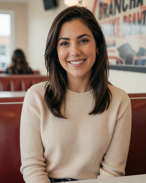 Kaitlyn, a 30-year-old brunette woman in a cream sweater at a Chicago diner, looking for trucker dating in Illinois