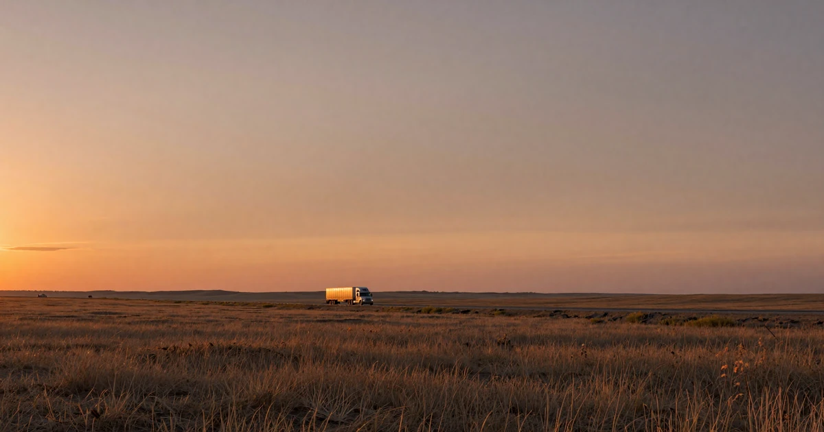 Nebraska Great Plains at sunset with a distant semi truck on I-80, representing trucker dating in the Cornhusker State