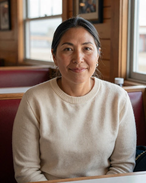 Carla, a 41-year-old Native American woman in a sweater at a Wyoming diner, seeking trucker dating in Wyoming