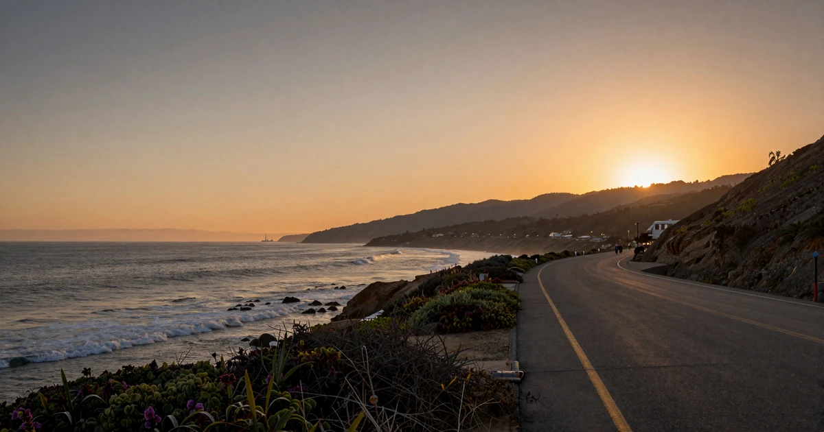 Pacific Coast Highway at sunset with ocean views, representing trucker dating California on the West Coast