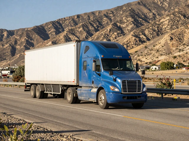 Modern semi-truck driving on Interstate 5 in California with mountains in the background, representing the I-5 corridor trucker lifestyle