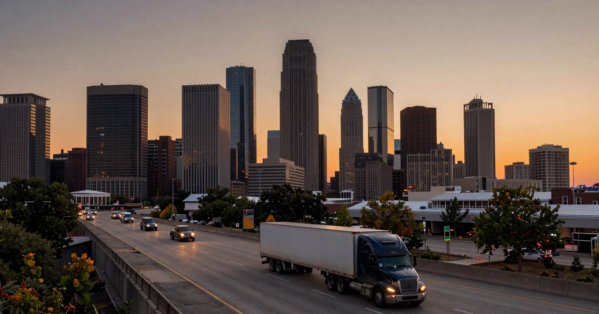 Dusk skyline over a major American city with highway in foreground for trucker dating by city