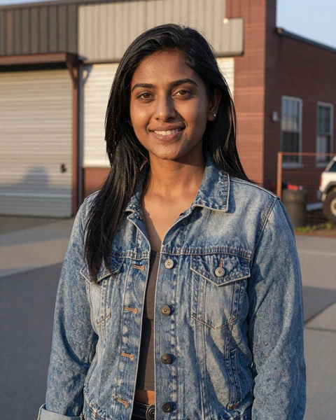 Priya, a 29-year-old South Asian woman in a denim jacket near a Bronx warehouse, interested in trucker dating in New York