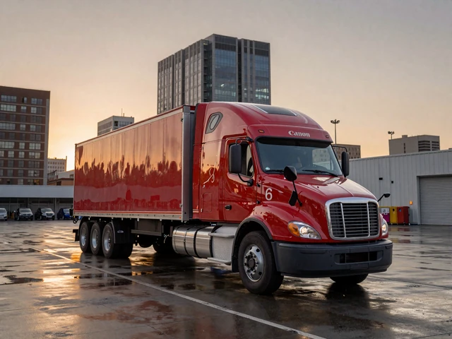 Semi-truck parked at an urban delivery dock at dusk, representing trucker dating lifestyle in major cities